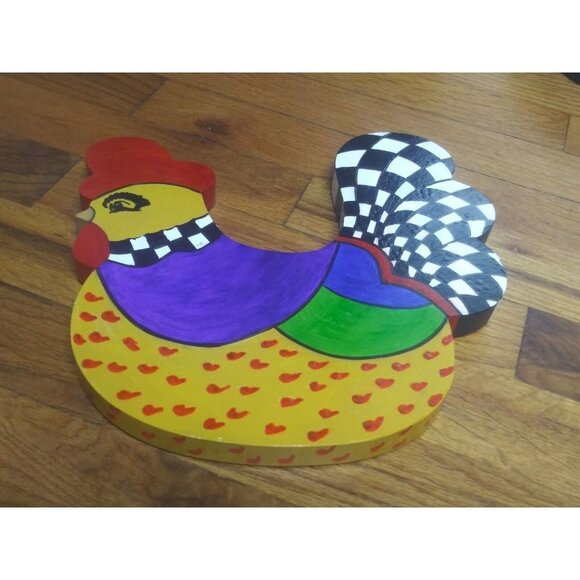 whimsical Rooster Figurine wood wall-hanging Multicolor & black white checkered - Picture 13 of 15